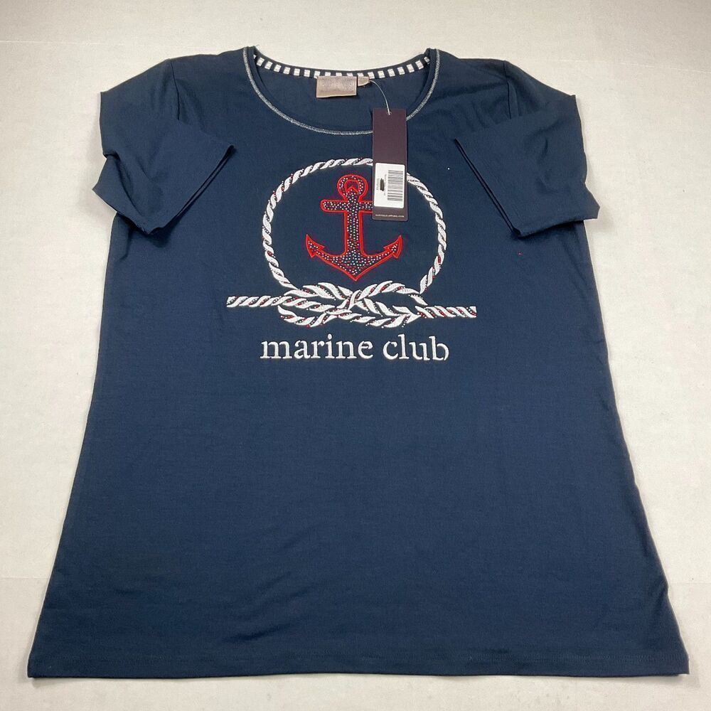 Dantelle Marine Club Nautical Graphic T-Shirt Rhinestone Anchor Blue L Tee NWT